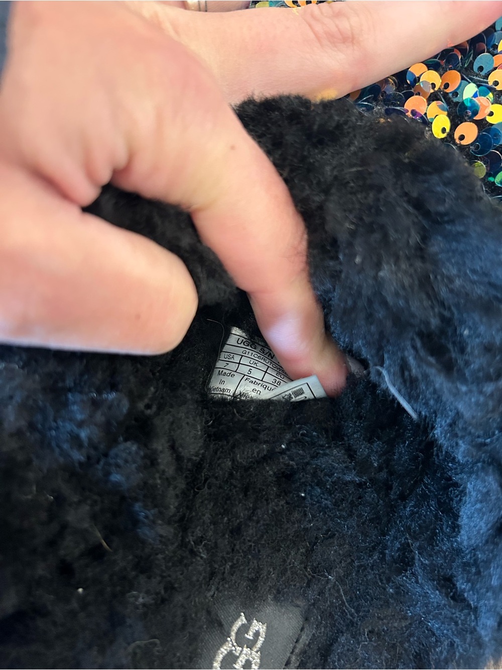 UGG Black Sequin Fur Lined Slip-On Slippers - Picture 3 of 3